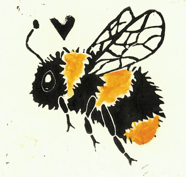 A linoprint image of a bumblebee with a small heart over its head