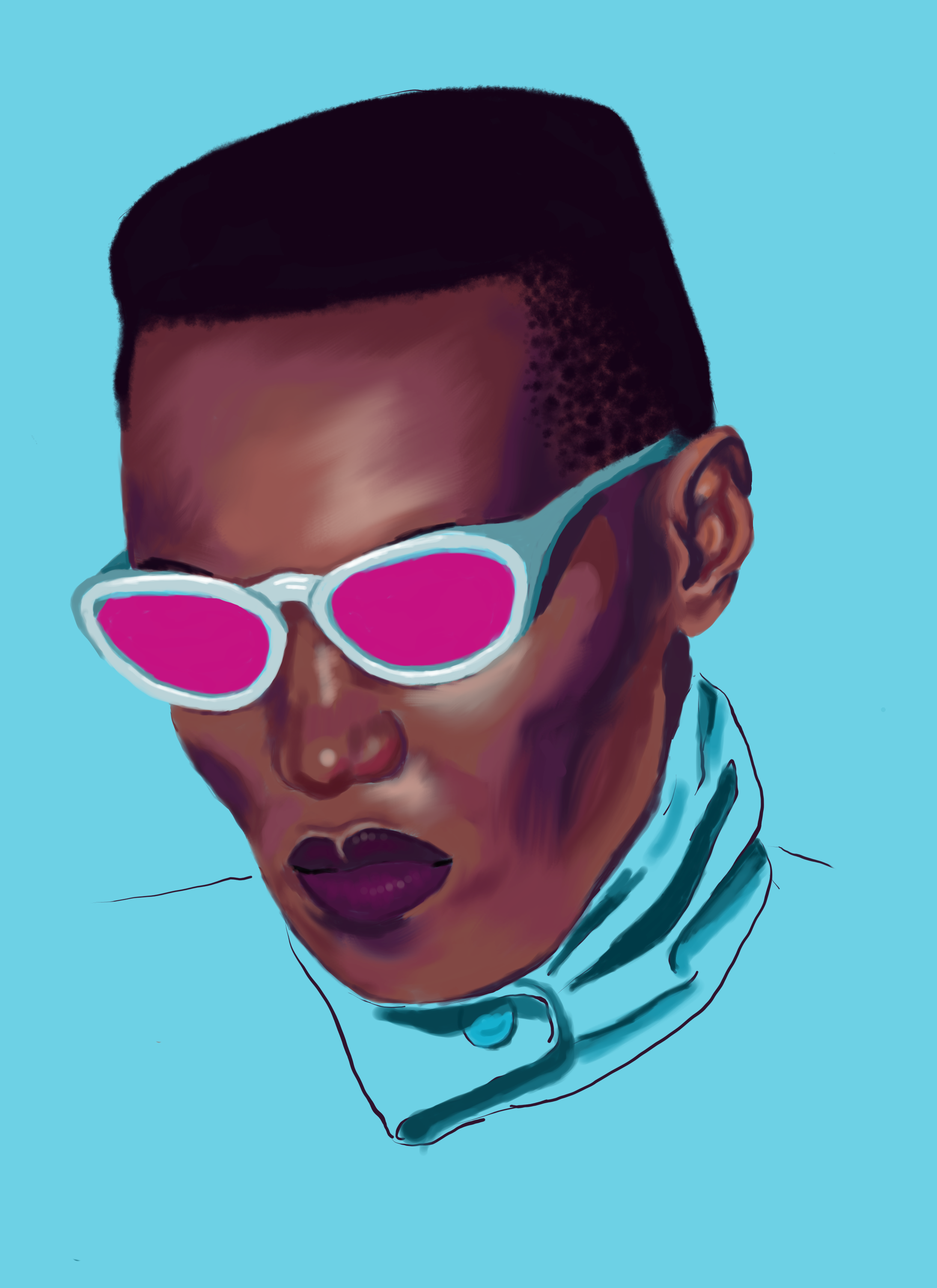 A digital portrait of Grace Jones in a pop art style with bright pinks and blue.