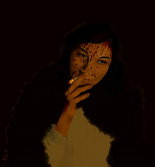 An image of Michelle Zauner who is smoking a cigarette while covered in blood.