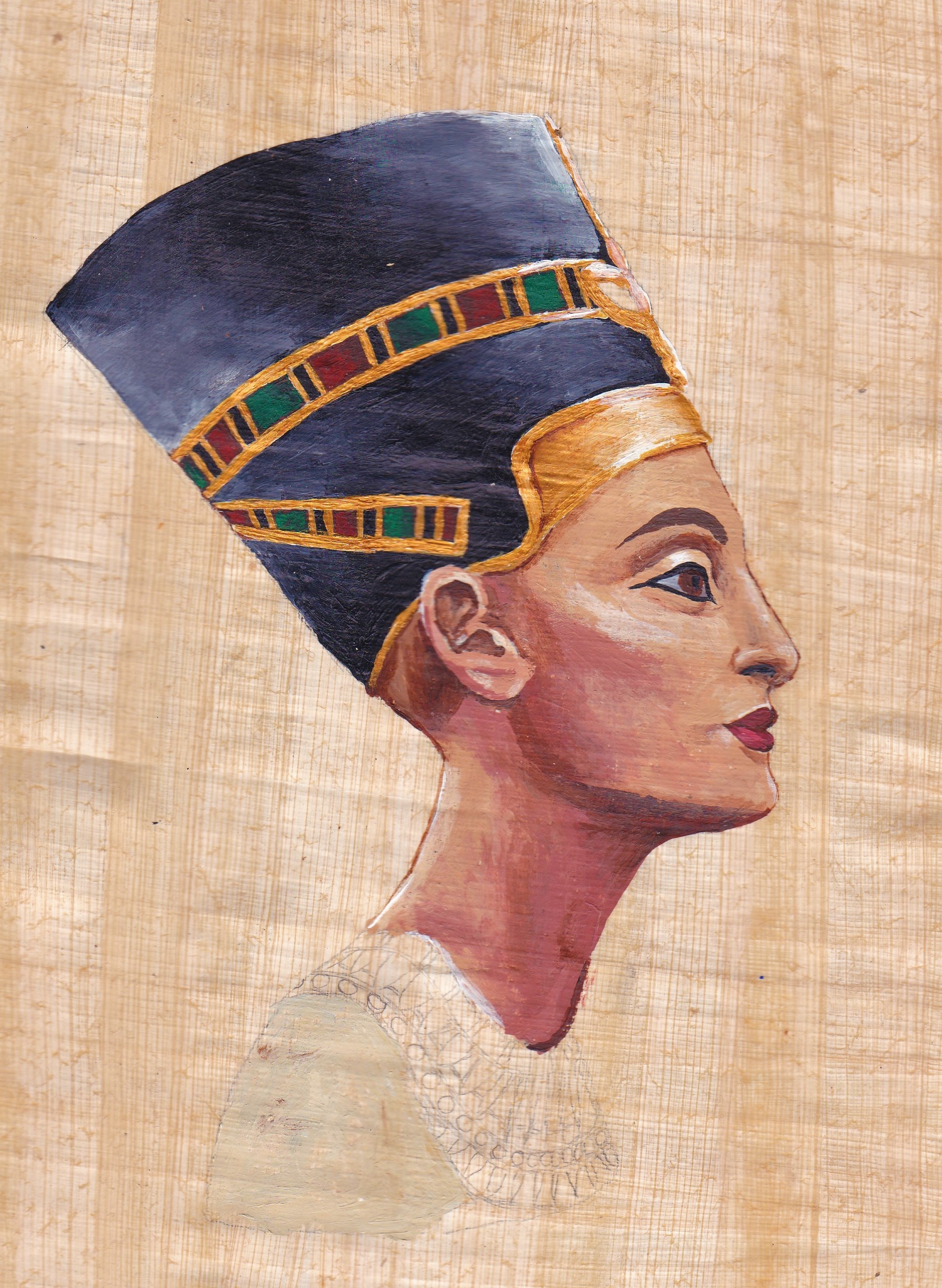 A painting of Queen Nefertiti on papyrus.