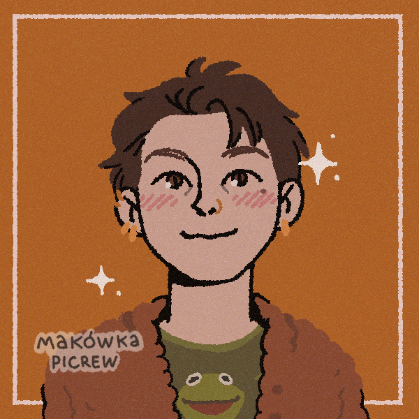 A picrew image of me. I am a white man with brown hair, gold piercings and a kermit jumper.